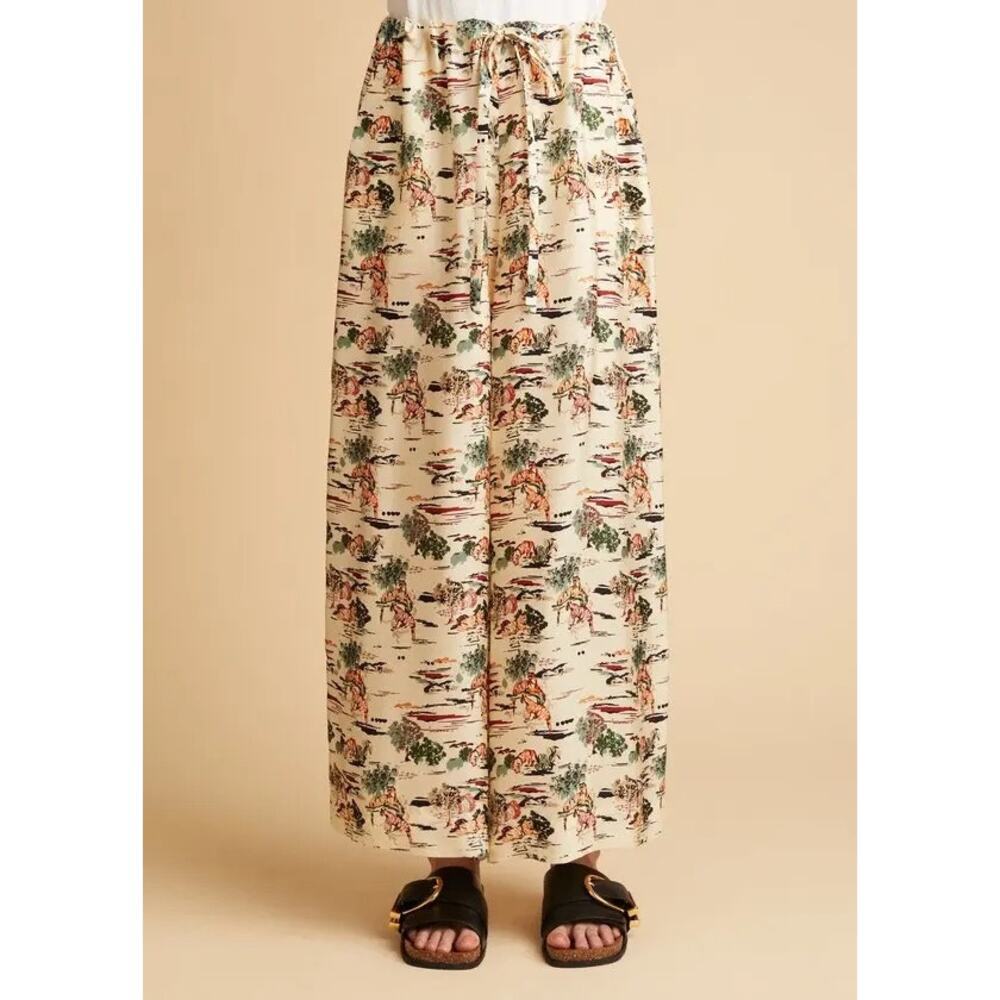 Khaite Phoebe Tiger Toile Pants Ivory Silk Wide Leg Ankle Drawstring Size L - Picture 2 of 11